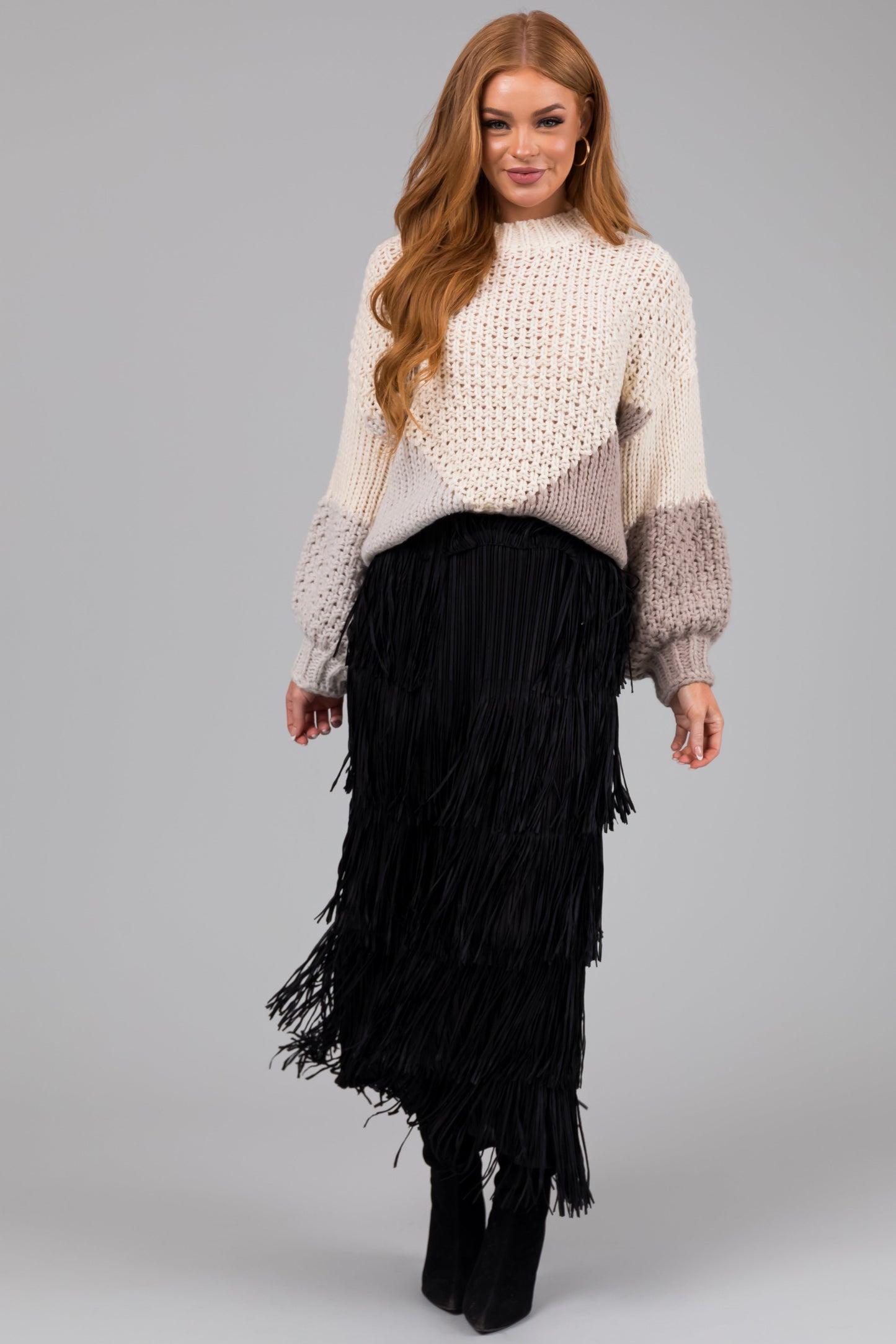 OneDiaLabel Tiered Fringe Midi Skirt
