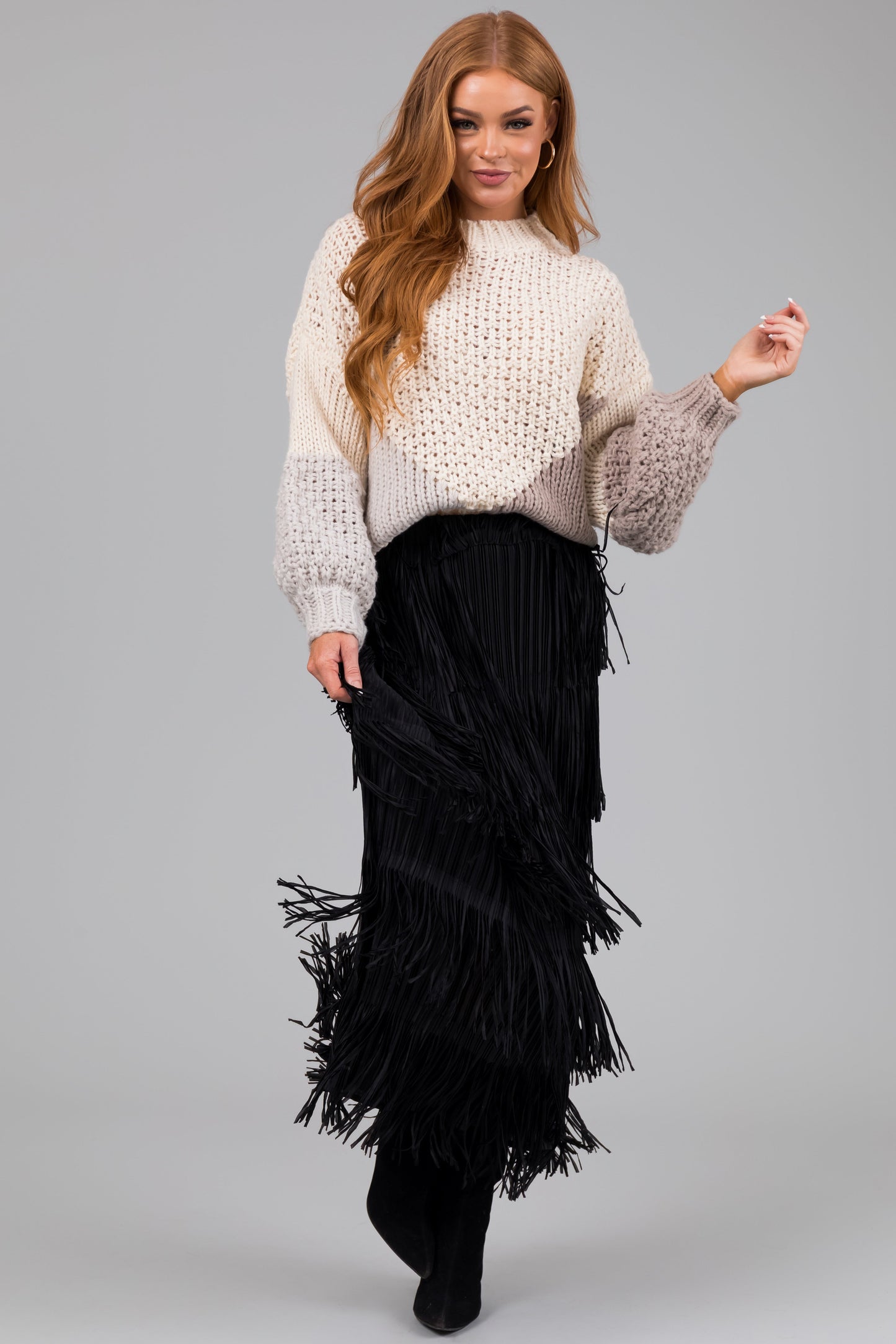 OneDiaLabel Tiered Fringe Midi Skirt