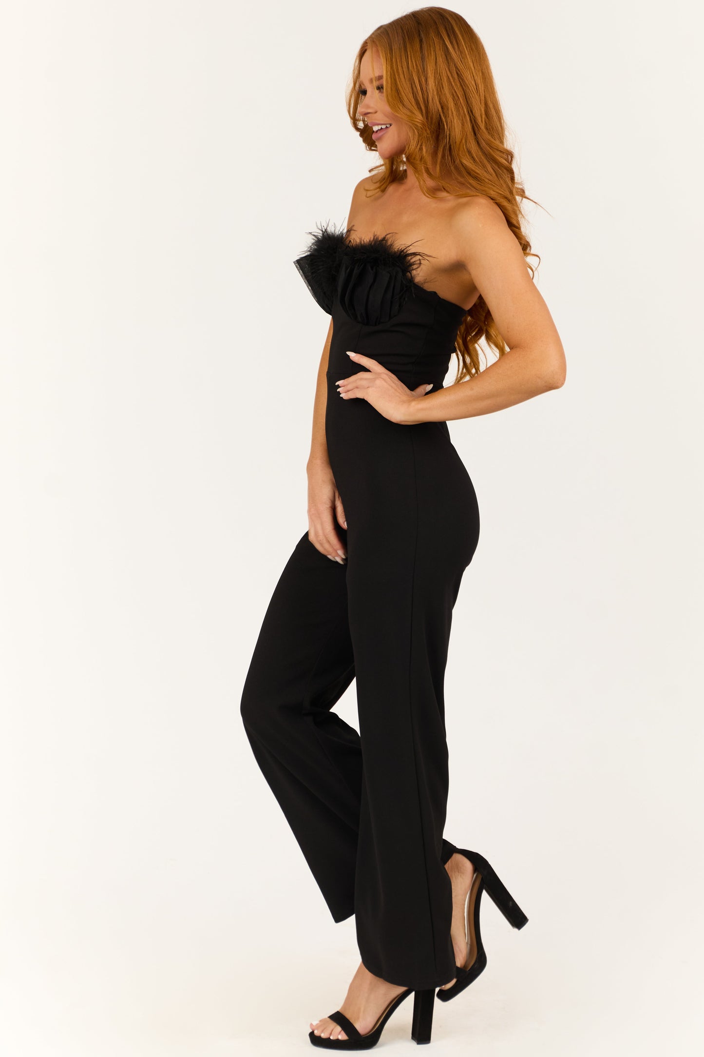OneDiaLabel Pleated Strapless Jumpsuit with Feather Trim