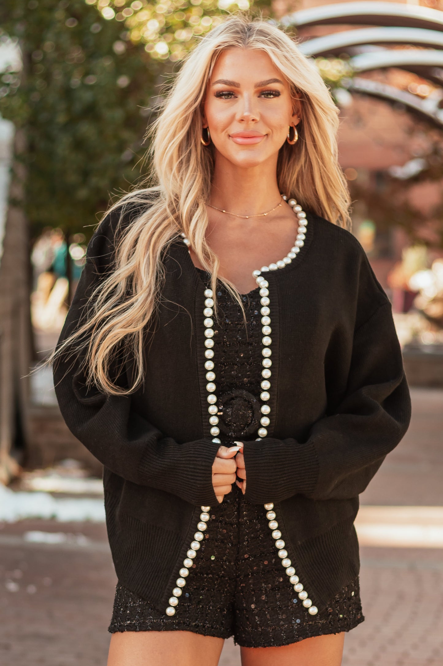 OneDiaLabel Pearl Trim Open Front Cardigan