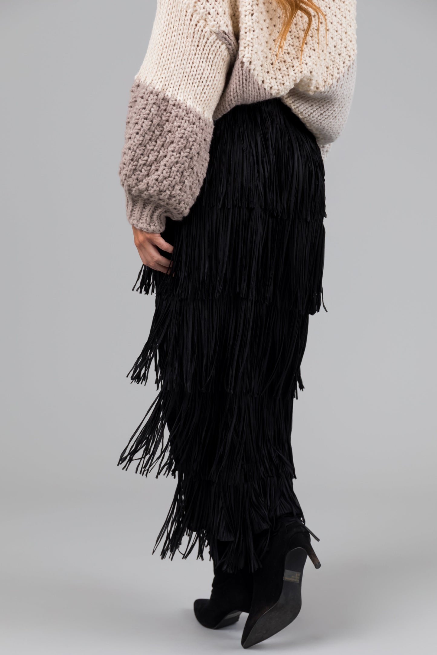 OneDiaLabel Tiered Fringe Midi Skirt