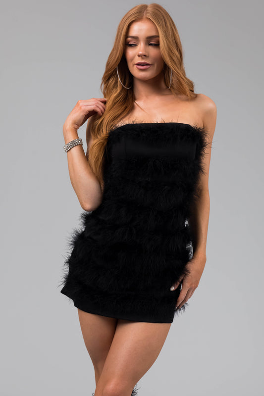 OneDiaLabel Faux Fur Trim Strapless Mini Dress