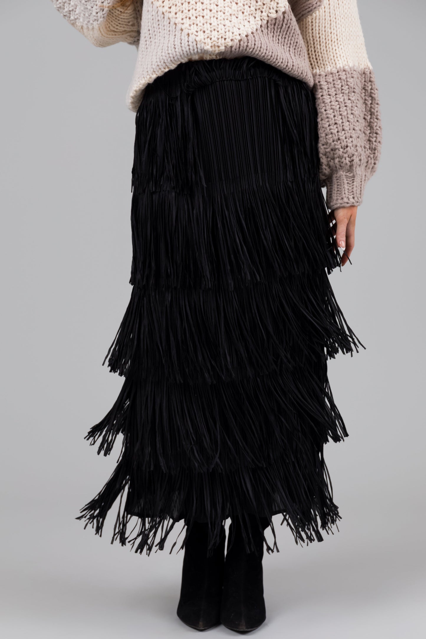 OneDiaLabel Tiered Fringe Midi Skirt