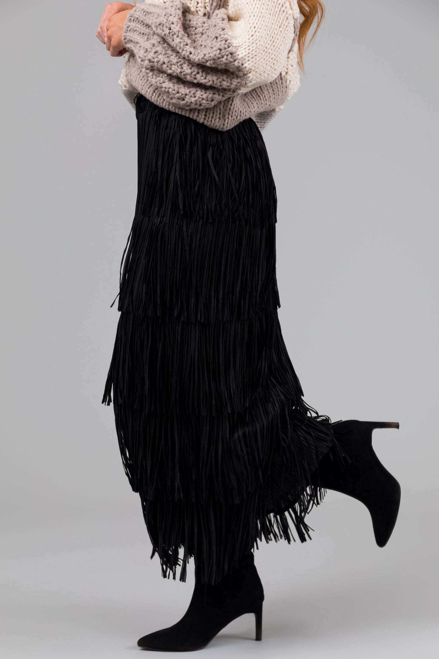 OneDiaLabel Tiered Fringe Midi Skirt