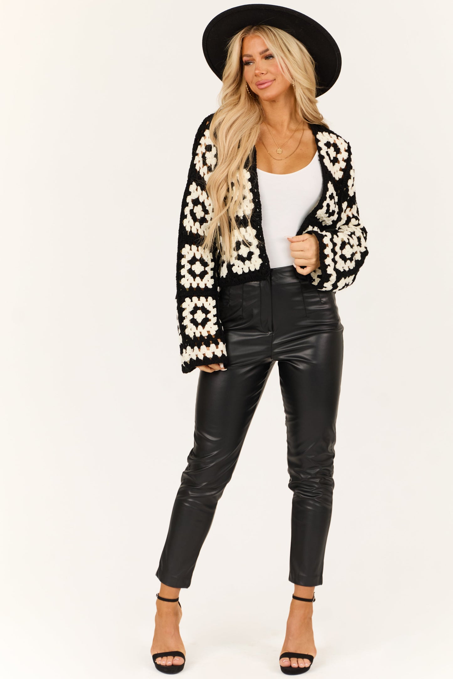 OneDiaLabel Granny Square Crochet Open Cardigan